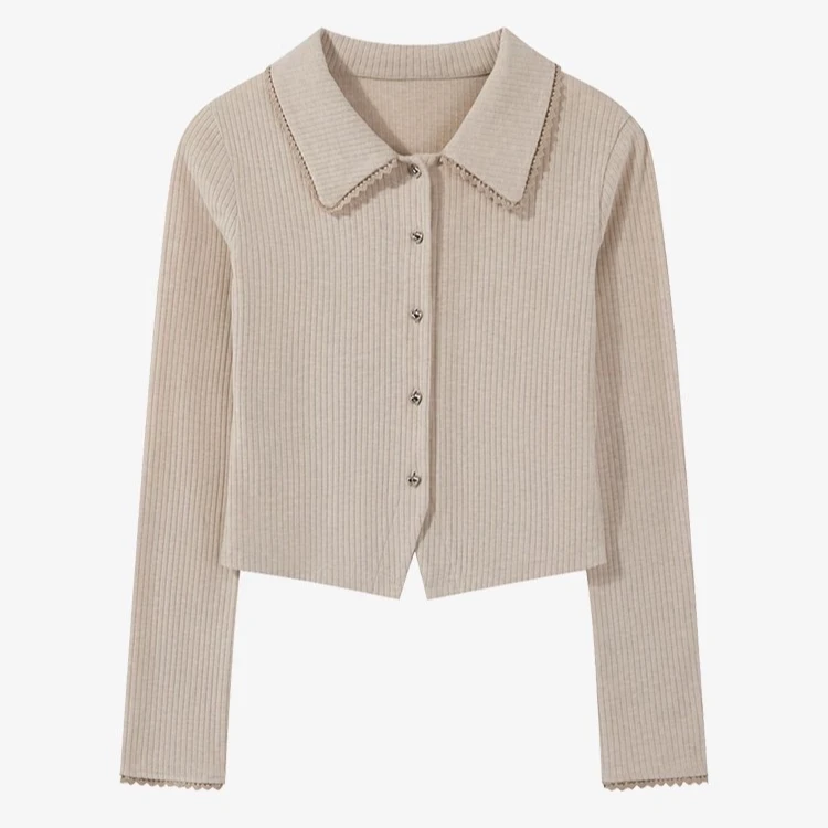 羊城故事-粉色翻领条纹针织开衫女秋季超好看长袖短上衣Y41045440