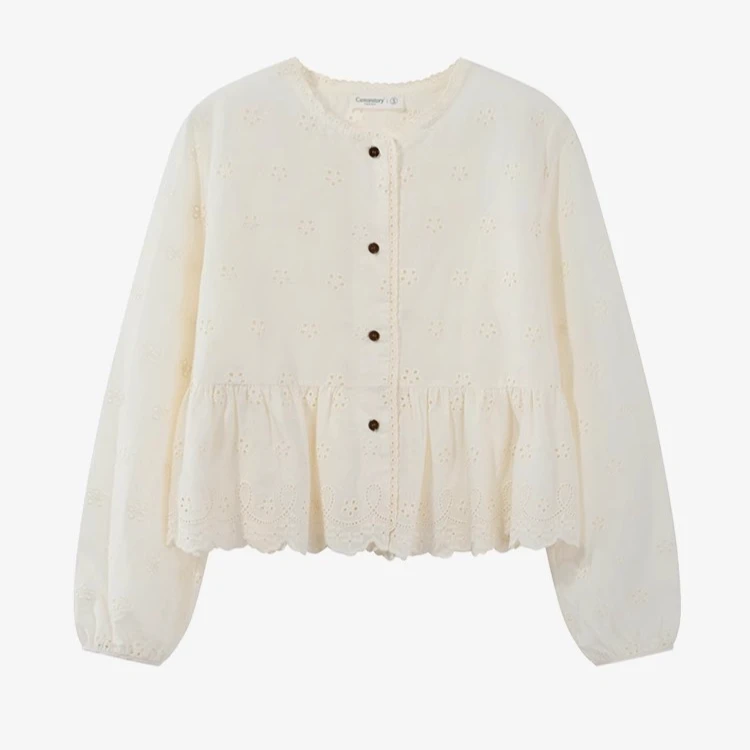 羊城故事-刺绣镂空气质正肩衬衫女时尚秋季宽松遮肉上衣Y40944341