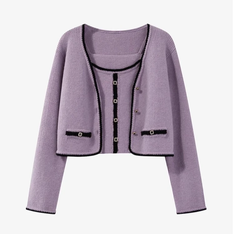 羊城故事-小香风针织套装女紫色气质宽松开衫背心两件套Y40844033