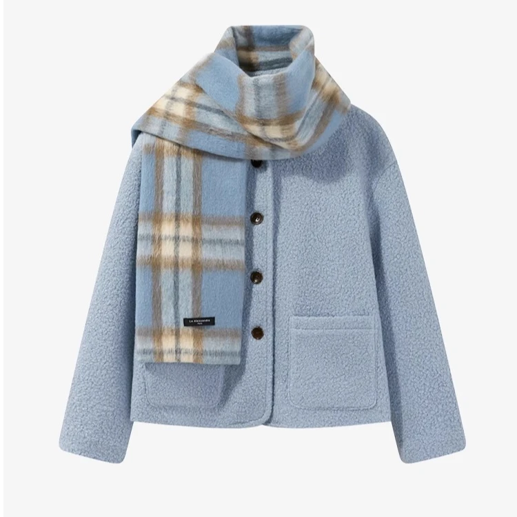 羊城故事-复古翻领蓝色短外套配围巾秋冬宽松夹棉呢上衣Y41045992