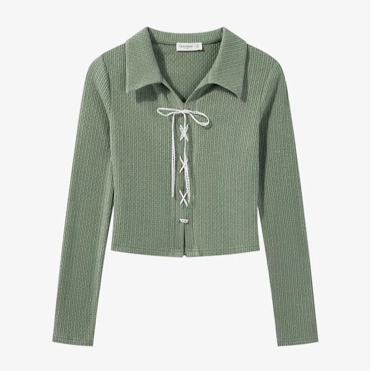 【羊城故事】法式温柔正肩针织衫女绿色设计感绑带上衣Y40844142