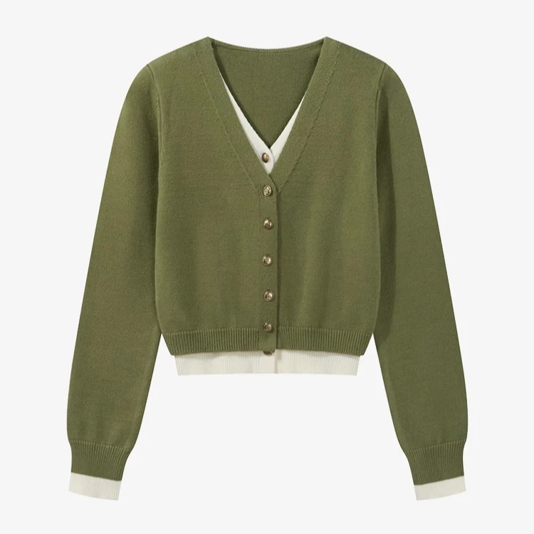 羊城故事-气质绿色假两件v领针织开衫秋冬季高级感毛衣Y40946584