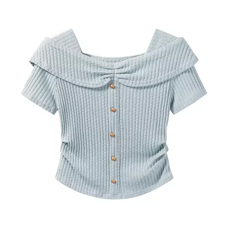 【现现专场】一字肩肌理T恤夏季显瘦修身设计感气质甜美上衣1089