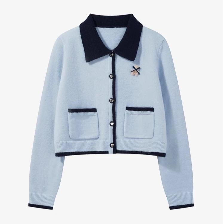 羊城故事-蓝色翻领长袖开衫气质时尚海军撞色宽松上衣Y41146223