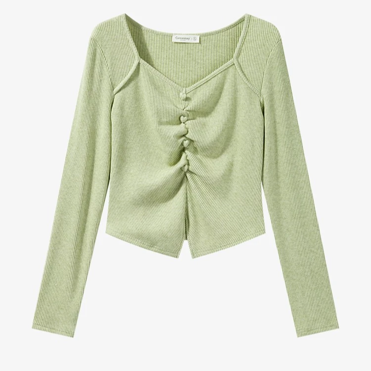 【现现】爱心纽扣长袖针织衫显瘦气质百搭修身方领上衣Y4033036