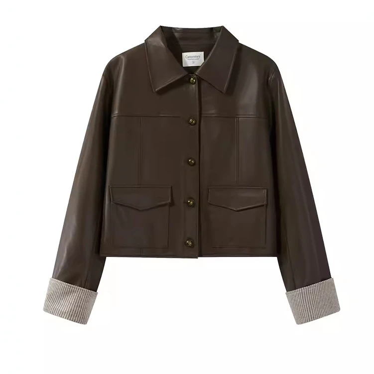 羊城故事-美式复古皮衣女外套2024秋季撞色条纹短款Y40843438