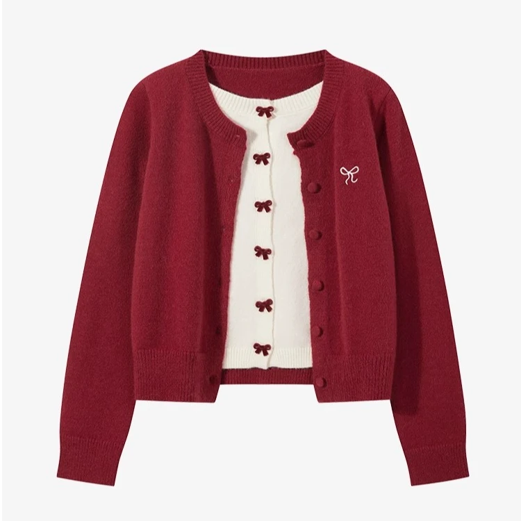 羊城故事-假两件毛衣圆领蝴蝶扣软糯针织百搭设计感开衫Y41247247