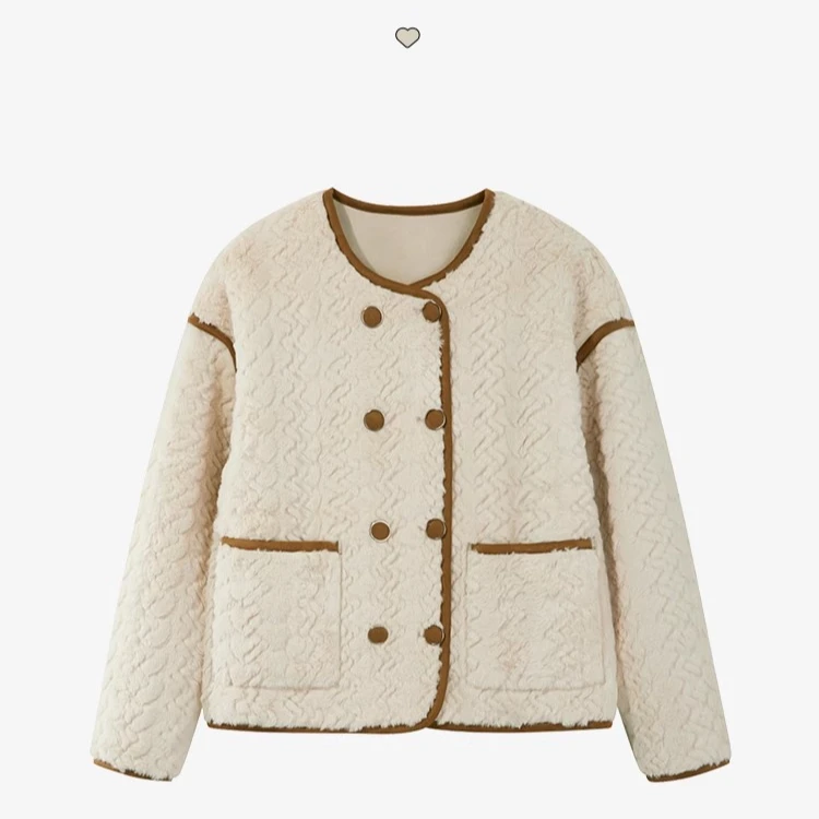 羊城故事-圆领双排扣撞色外套女新款秋季减龄显瘦上衣Y41045358