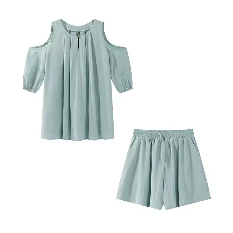 【现现】夏季温柔挖肩短袖衬衫短裤两件套显瘦套装Y40642559-TZ