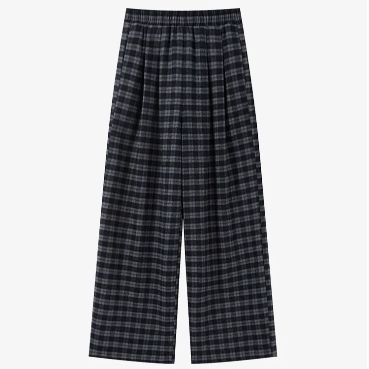 羊城故事-复古格子高腰休闲裤冬加厚保暖宽松阔腿裤Y41146621