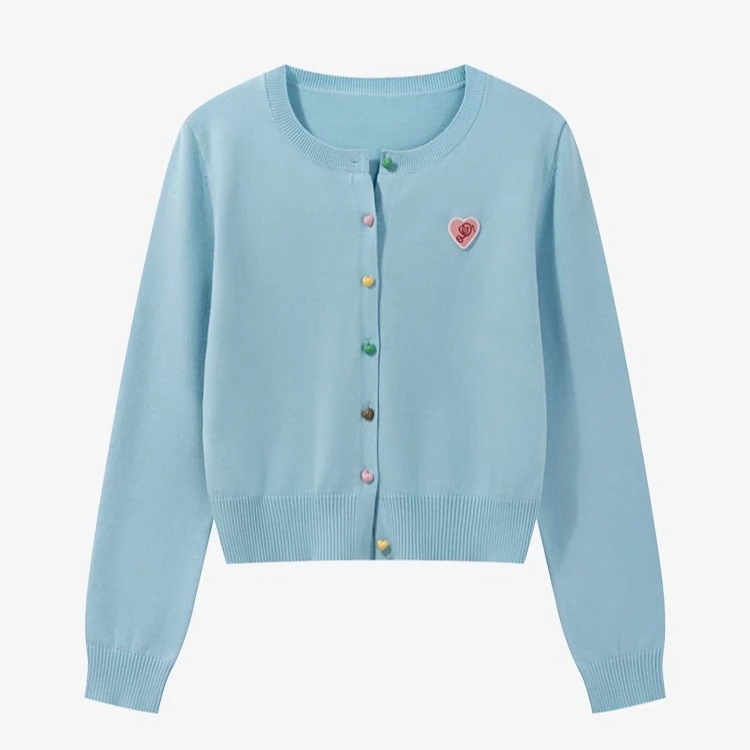 羊城故事-韩系爱心刺绣蓝色圆领针织衫休闲百搭开衫毛衣Y41045991
