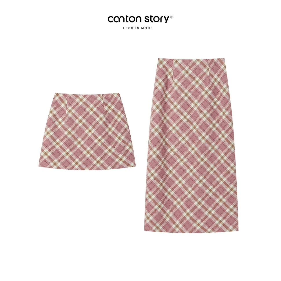 羊城故事-粉色格子格纹短裙休闲高腰学院风半身裙Y41247232HJ