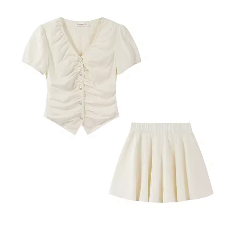 【现现】杏色气质V领短袖t恤女褶皱感爱心扣半身裙套装Y40642459-TZ