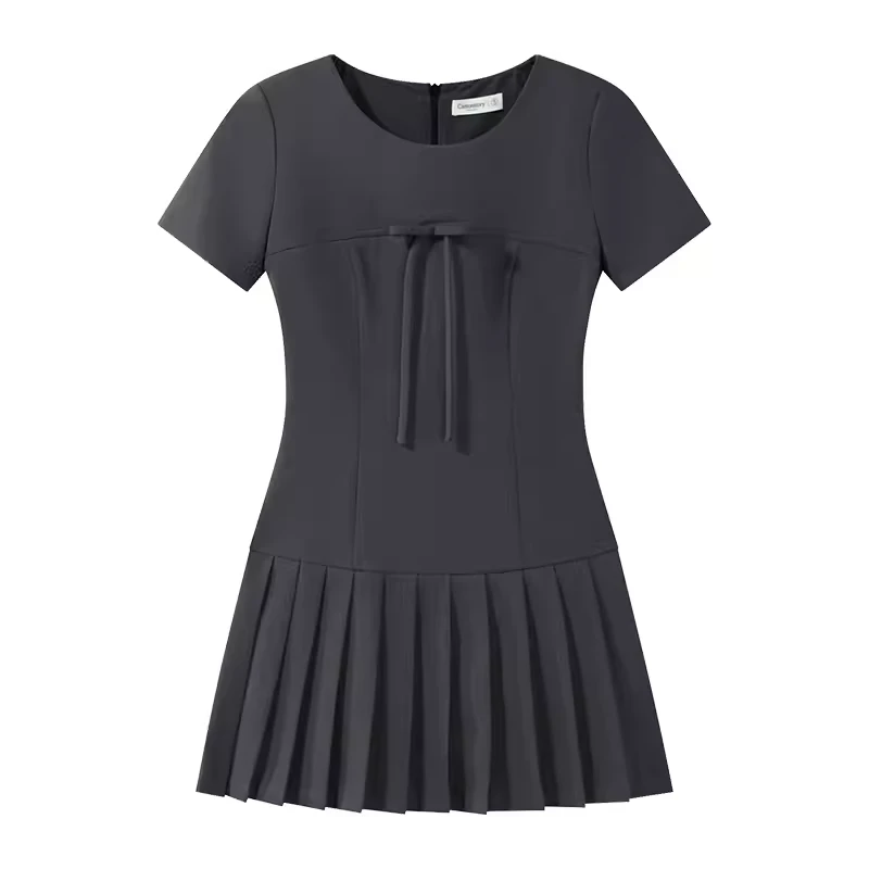 【现现专场】经典简约圆领连衣裙拼接压褶蝴蝶显瘦a字裙Y40743196