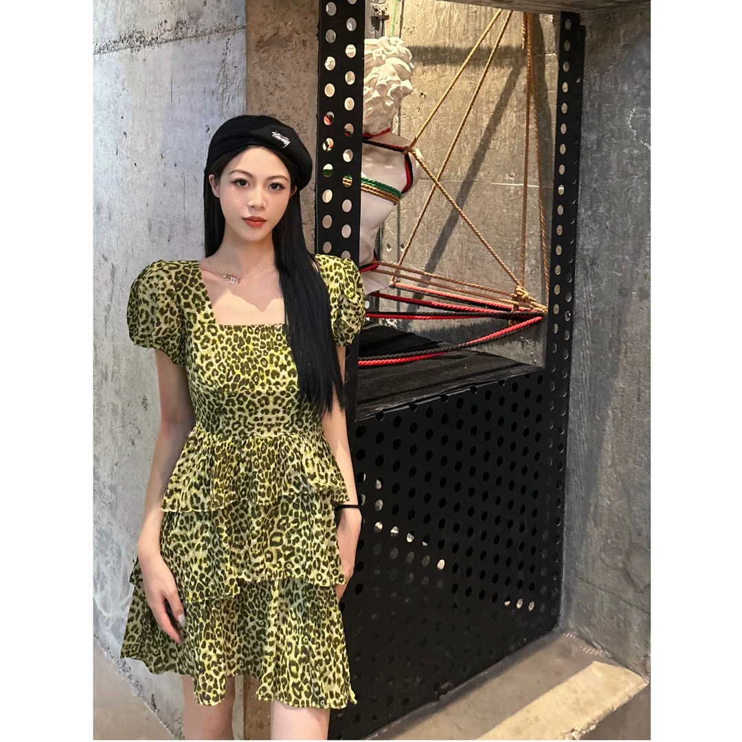 MAAANUAL豹纹泡泡袖蛋糕裙小众夏季美式复古收腰露背显瘦辣妹风