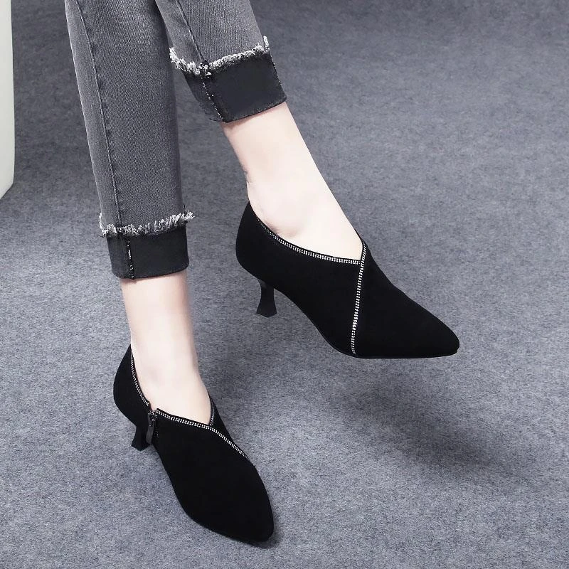 2023春季新款女鞋v口尖头单鞋女细跟羊皮磨砂皮深口真皮鞋子春款