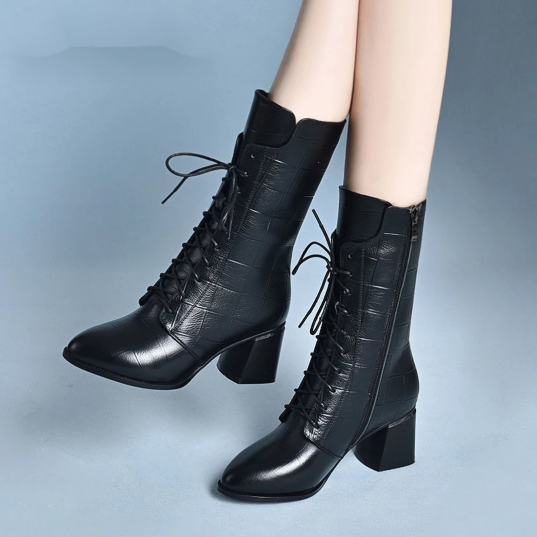 英伦风马丁靴粗跟中筒靴2023新款百搭高帮真皮棉鞋冬季中跟女靴子