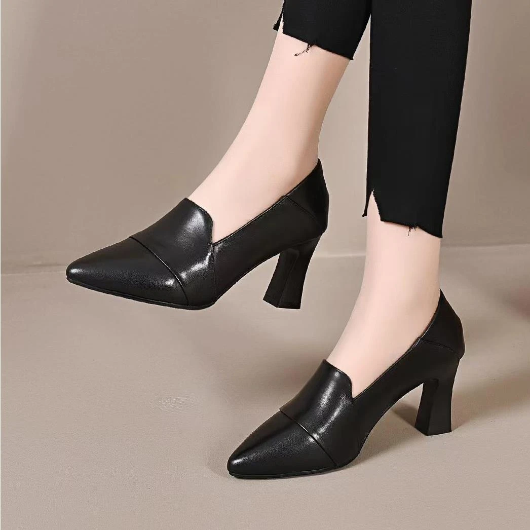 粗跟单鞋女真皮中跟韩版一脚蹬女鞋软后跟高跟鞋百搭简约尖头皮鞋
