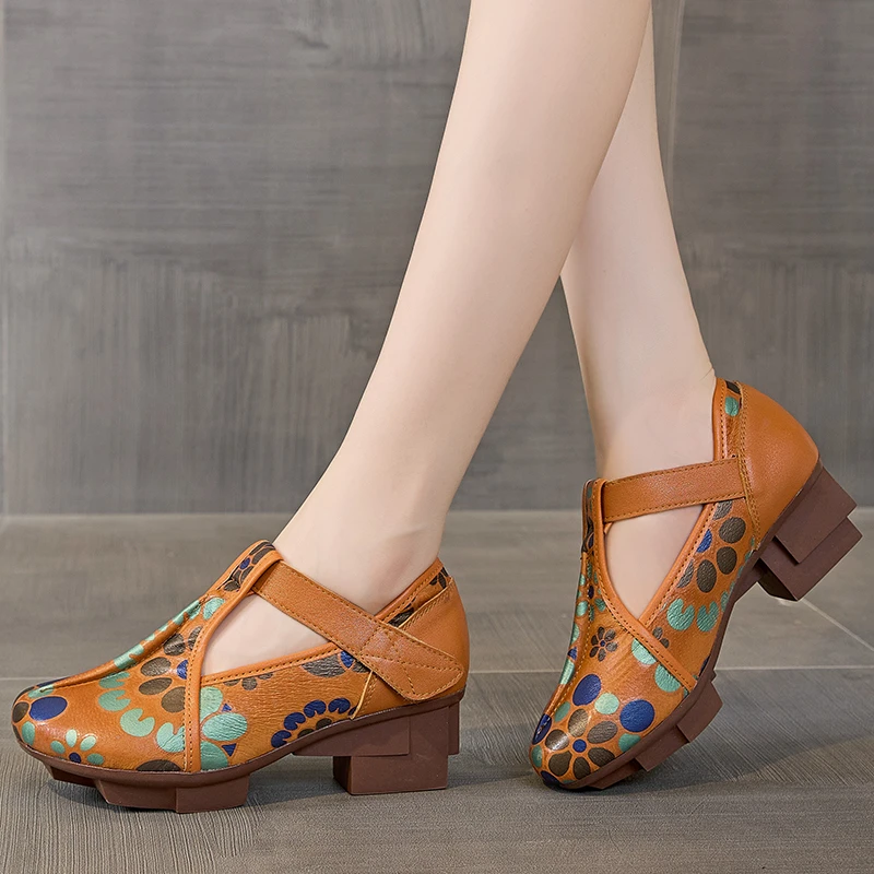 嫔妃丽人2024秋款中国民族风真皮女鞋子软底粗跟圆头印花跳舞女鞋