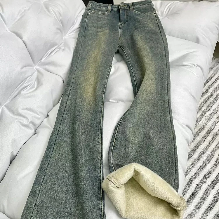 加绒加厚复古蓝直筒牛仔裤女秋冬2024新款宽松阔腿显瘦微喇马蹄裤