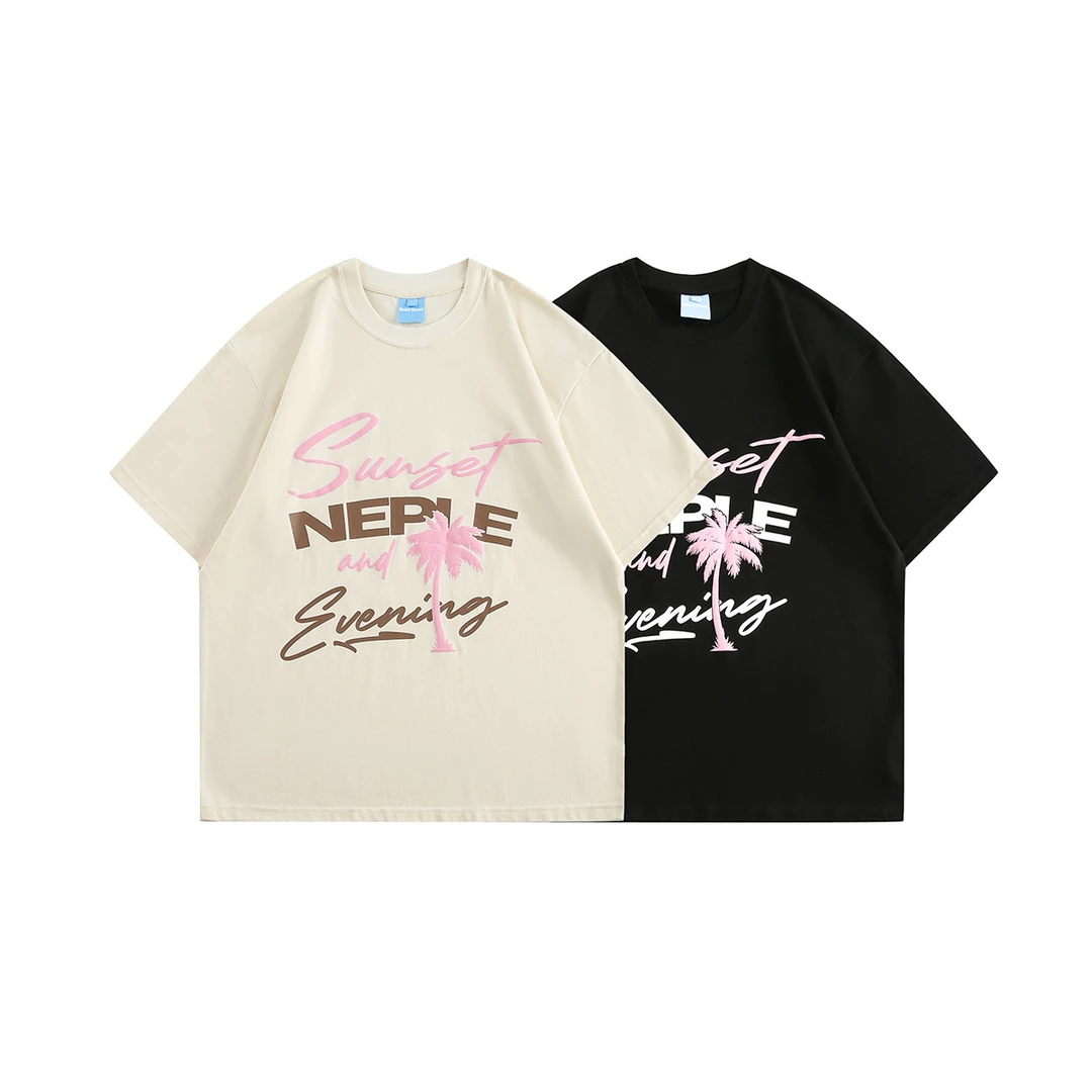 美式复古发泡印花短袖t恤女夏季新款度假风纯棉半袖宽松情侣上衣