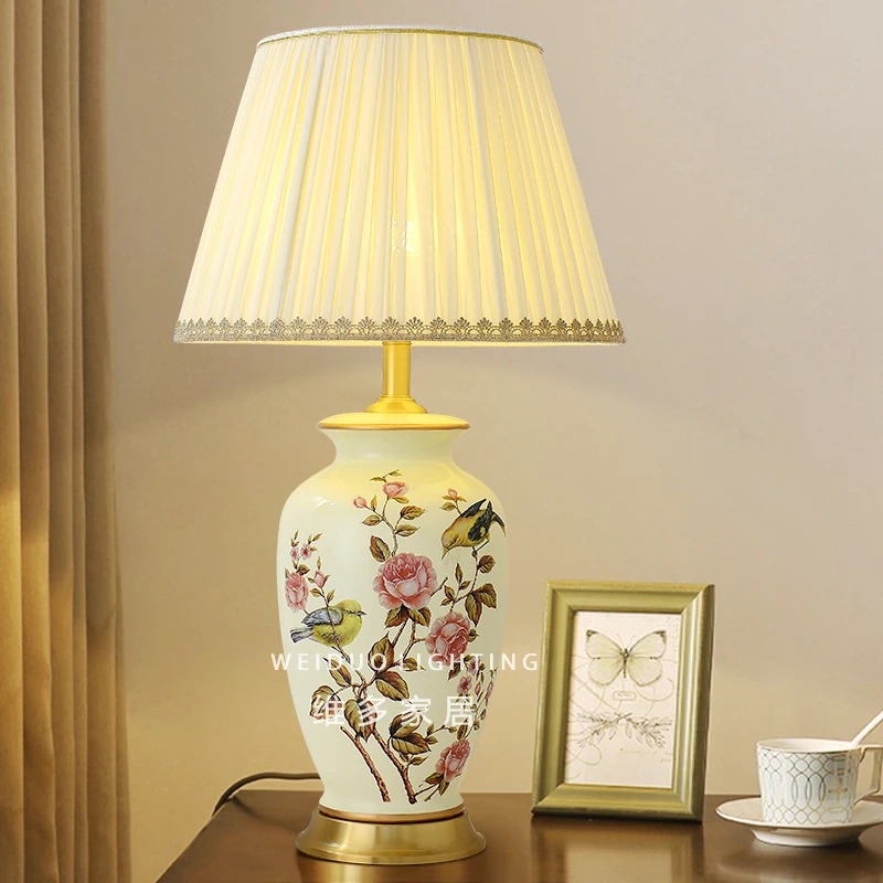 陶瓷台灯卧室床头灯新中式美式田园欧式复古家用温馨全铜客厅台灯