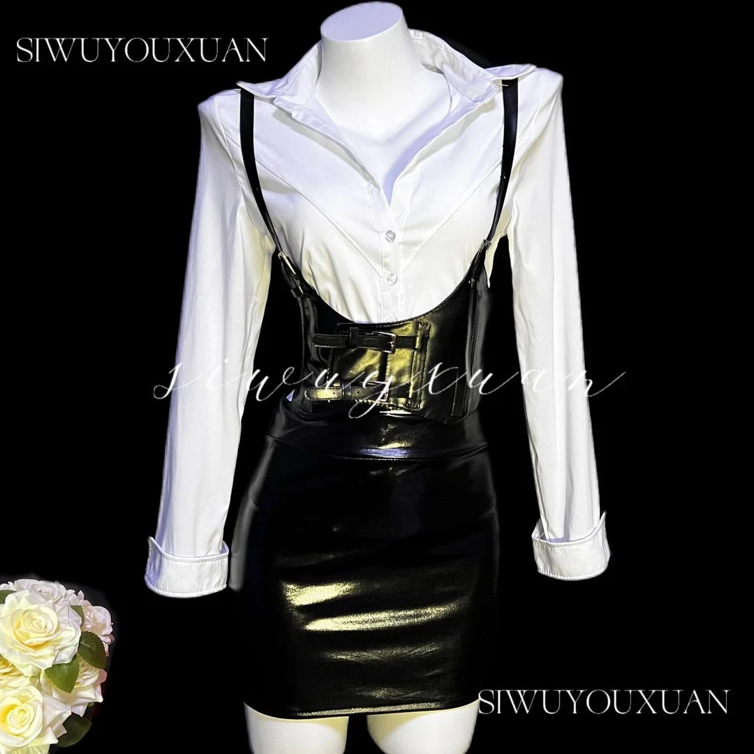 女秘战衣】性感皮裙女长袖百搭衬衫腰封高腰御姐包臀半身裙