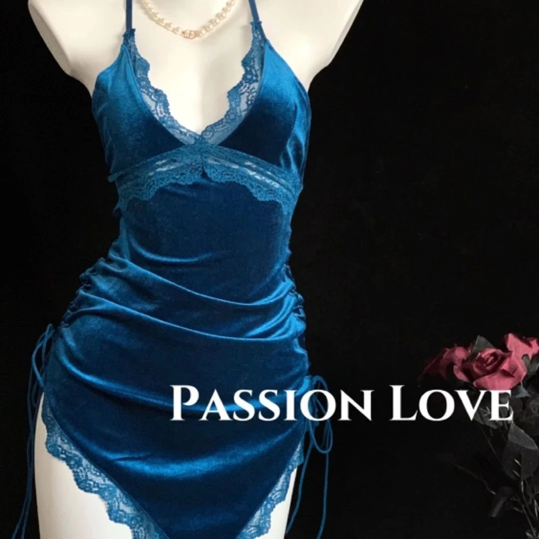 passionlove宝石蓝丝绒 贵妇轻奢气质斜角修身裙蓝色