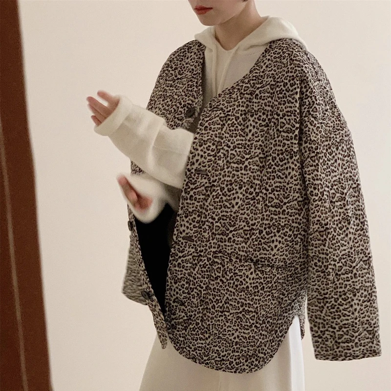 LUO/韩国设计师小众豹纹艺术气质葫芦纹软棉服 韩代宽松棉衣外套
