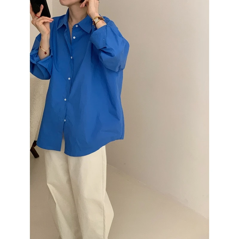 LUO/极简美拉蓝松弛有度高质感纯色知识分子衬衫 韩国东大门女装