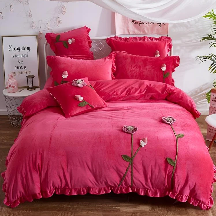 洣莱格 2024新款A类婴儿绒立体手工绣花四件套-花枝漫舞毛绒韩版