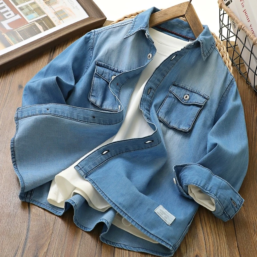 男童2024春秋新款纯棉长袖衬衫字母条纹休闲衬衣韩版少儿青少年