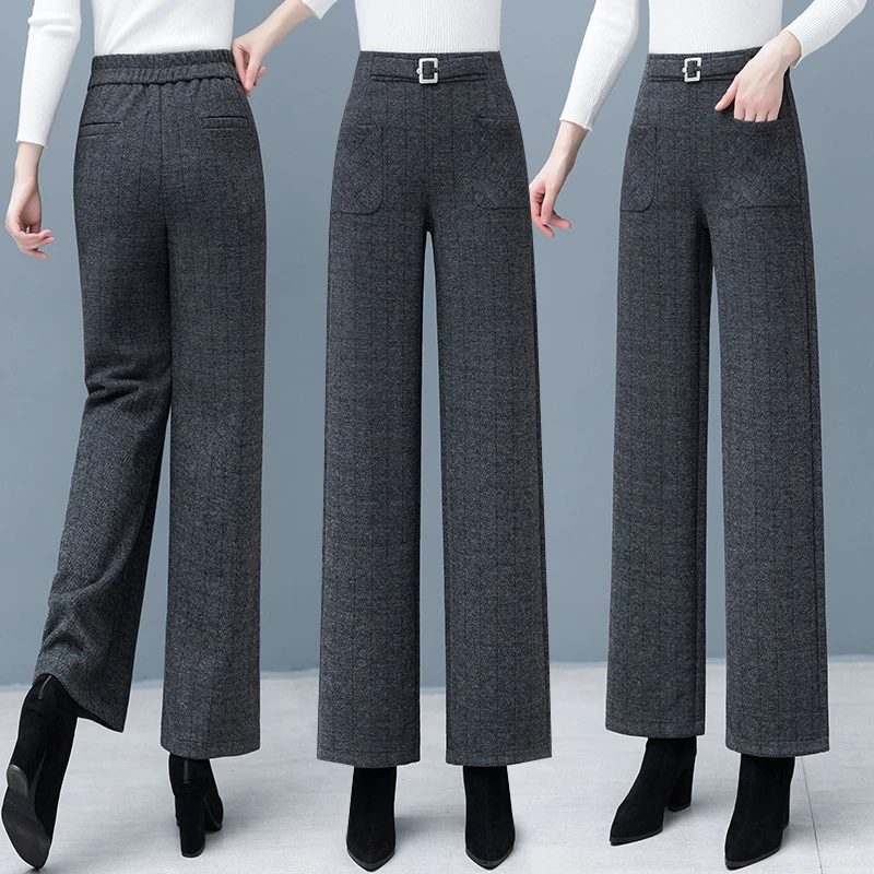 【轻奢女裤】高腰宽松休闲毛呢裤女新款加厚保暖直筒裤呢子阔腿裤