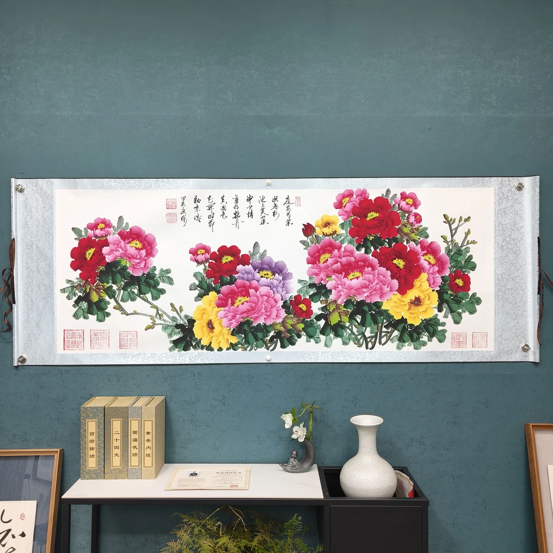 田广杰：《小六尺牡丹》70*200厘米 纯手绘国画作品卷轴装裱