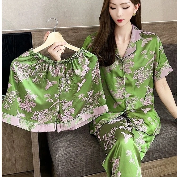 睡衣夏季女款冰丝短袖短裤高级感绿色薄开衫可外穿2023新款三件套