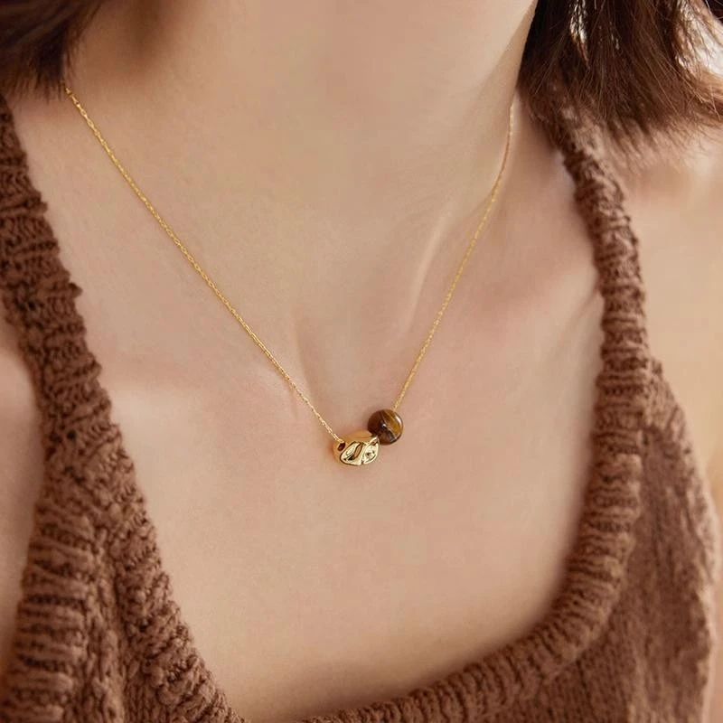 铜合金项链 法式极简几何虎眼石项链轻奢复古高级感美拉德毛衣链