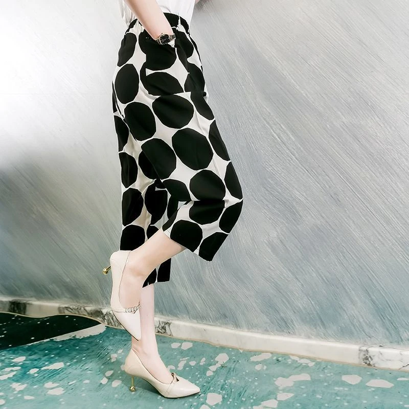 夏日阔腿七分裤棉绸田园风家居人造棉波点凉凉裤黑白清凉几何印花
