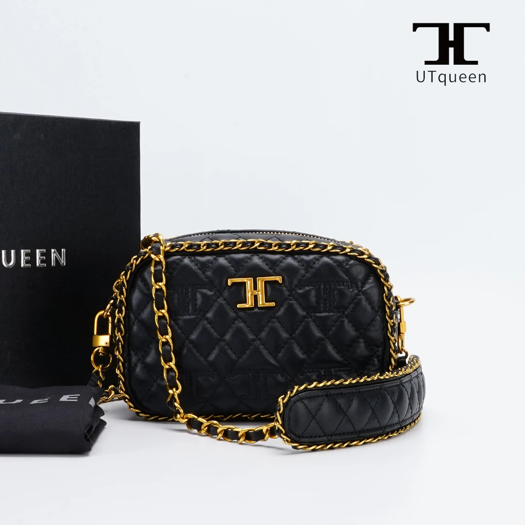 全新未使用  UTqueen camera-相机包菱格纹单肩斜挎黑金色