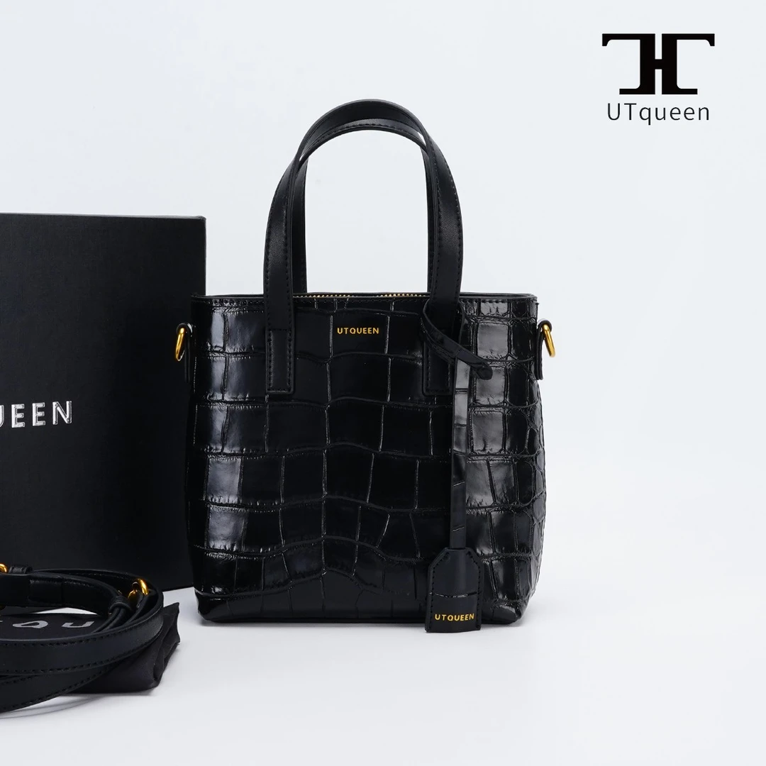 全新未使用  UTqueen Mini Tote 鳄压纹单肩斜挎包黑金色