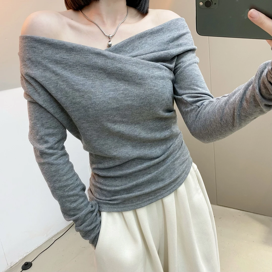 秋冬洋气打底修身不规则加绒打底衫多穿法抽褶显瘦打底上衣女内搭