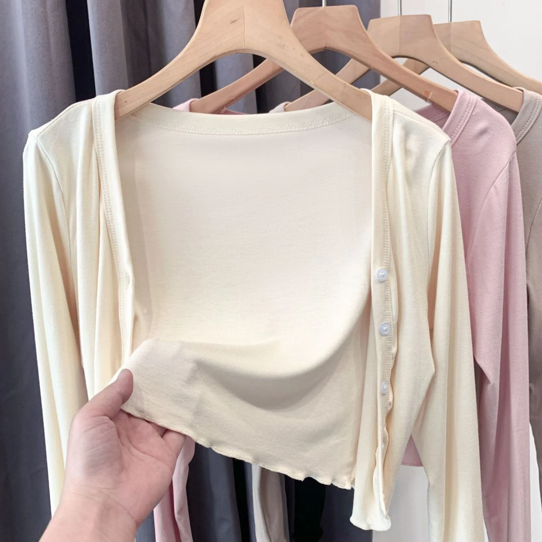 针织打底上衣女百搭短款长袖夏季防晒衣披肩韩版显瘦纯色莫代尔