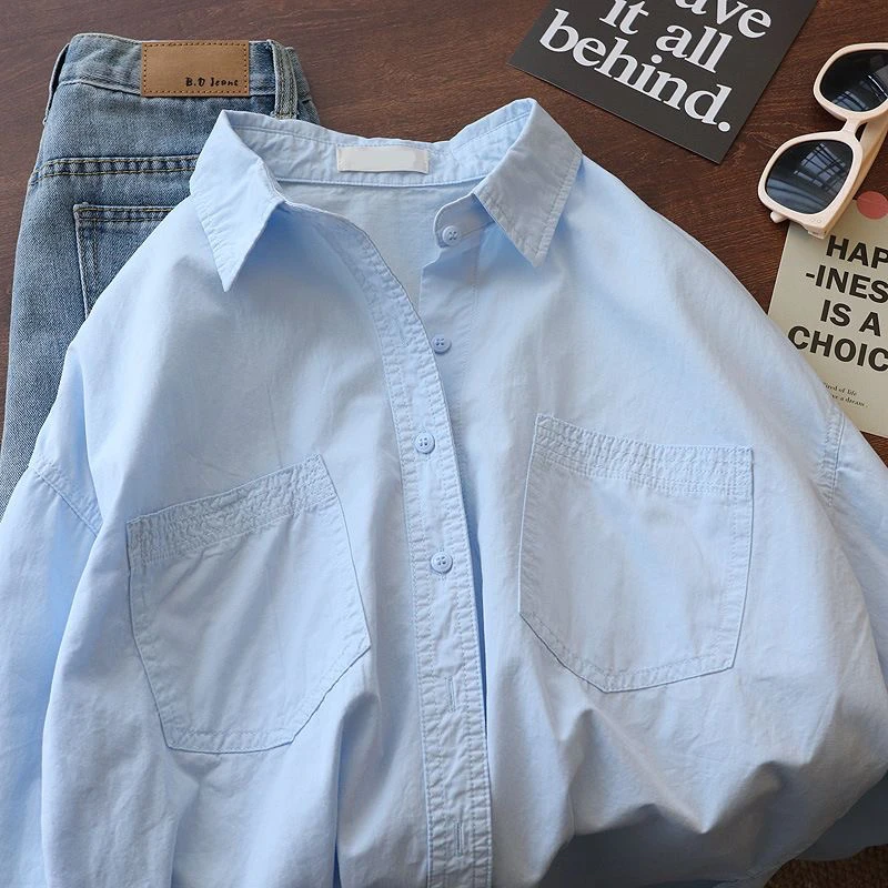 软奶蓝宽松休闲洋气衬衫女春秋装日系温柔风叠穿搭男友风纯棉上衣