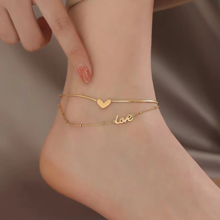 钛钢脚链 爱心脚链百搭简约不掉色双层爱心love脚链小众气质足链