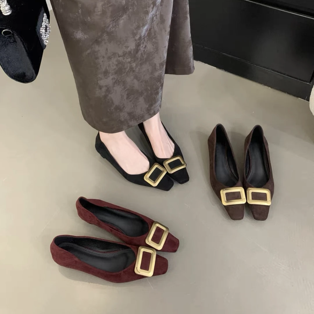 2024秋季新款韩版单鞋女低跟粗跟方头金属方扣浅口中跟女鞋