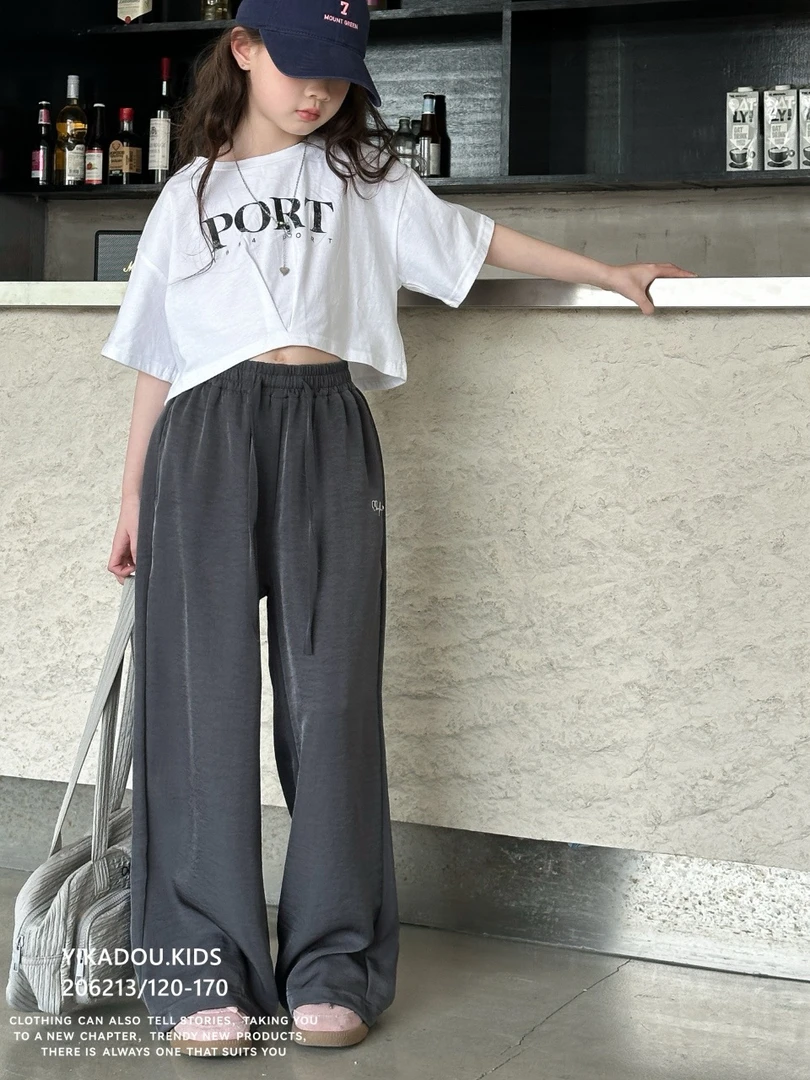 女童超薄冰丝阔腿休闲裤2024夏季206213薄款高腰显瘦抽绳宽松垂感