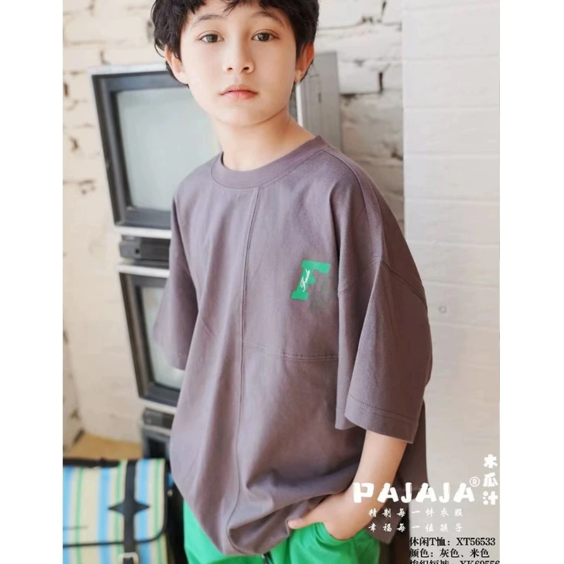 木瓜汁童装2023夏季56533新款拼接字母印花男女童时尚纯棉短袖T恤