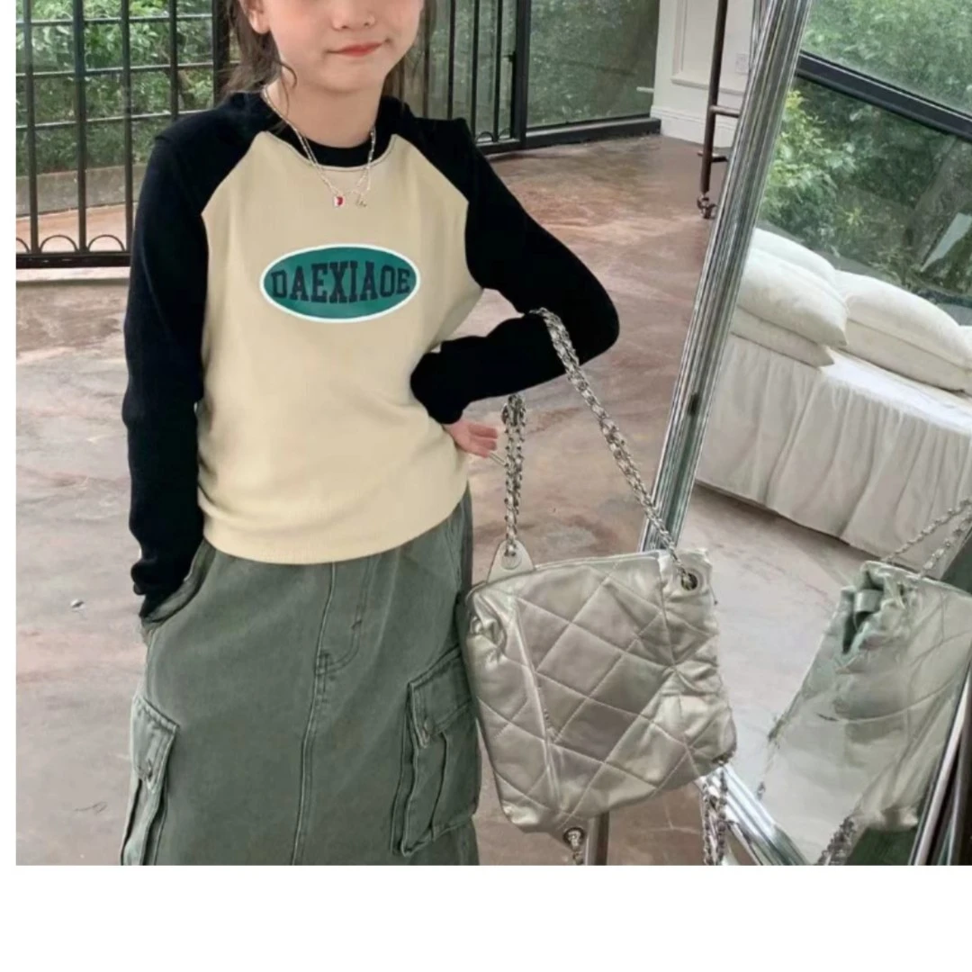 春秋款66156女童甜酷风拼色修身短款长袖T恤上衣