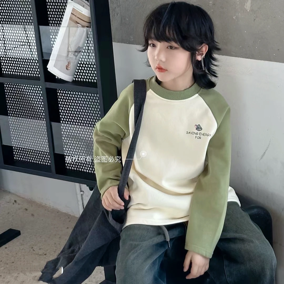 大E小e秋冬一体绒插肩袖卫衣T 5081男女童长袖洋气宽松韩版中长款
