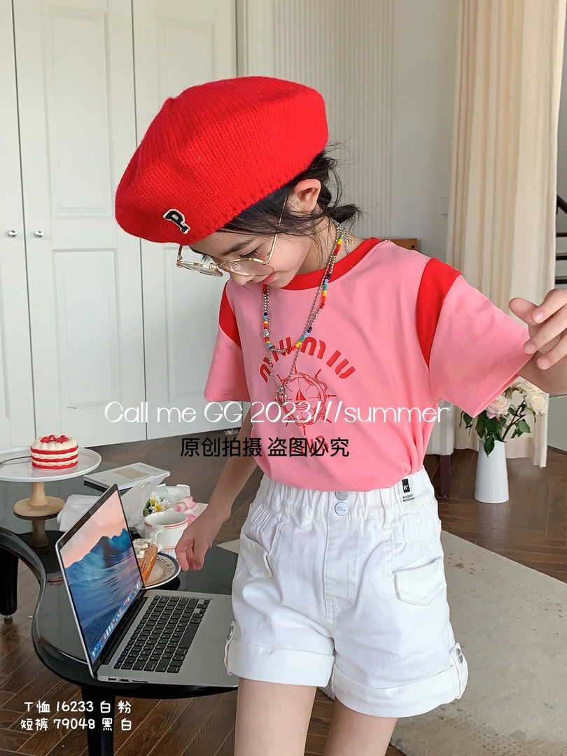 叫我格格夏季女童短袖16233儿童上衣休闲撞色棉T恤圆领时尚百搭款