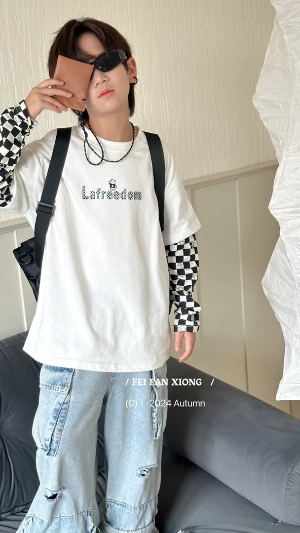 中大童假2件长袖T恤上衣8501黑白格子长袖大T潮童穿搭中大童男生